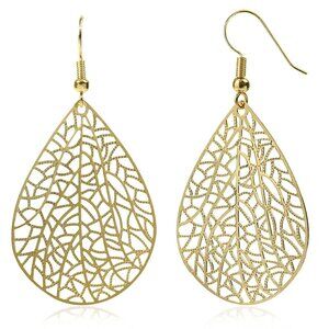 Women's Gold Teardrop Plated Leaf Handmade Filigree Drop Dangle Earrings